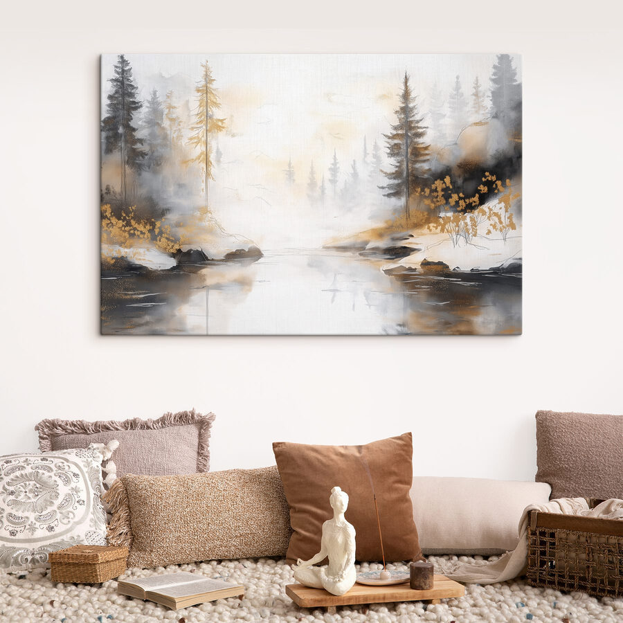 Aquarel van een rivier met bomen en mist