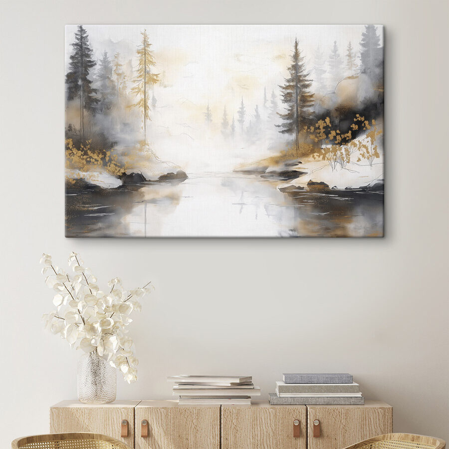 Aquarel van een rivier met bomen en mist