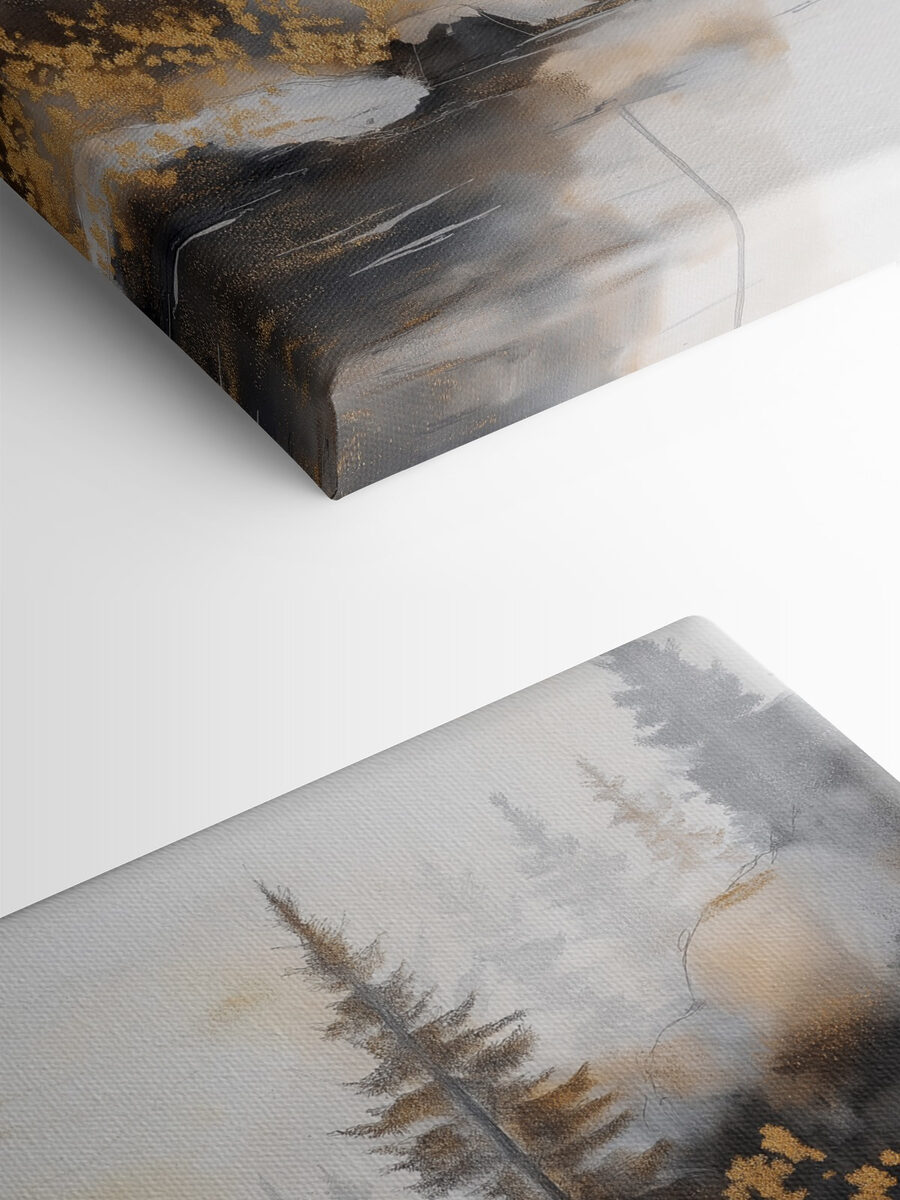 Aquarel van een rivier met bomen en mist