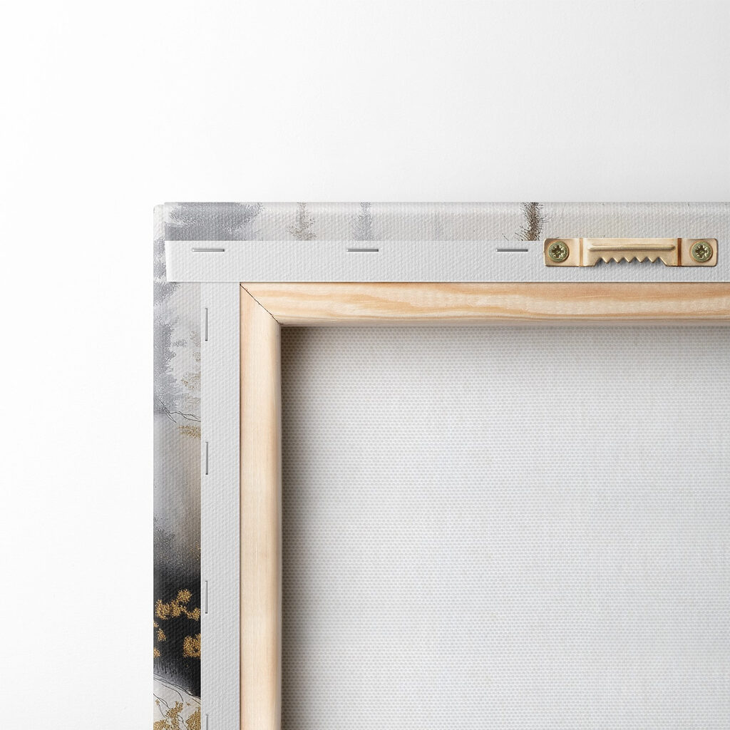 Watercolor painting of a river with trees and fog