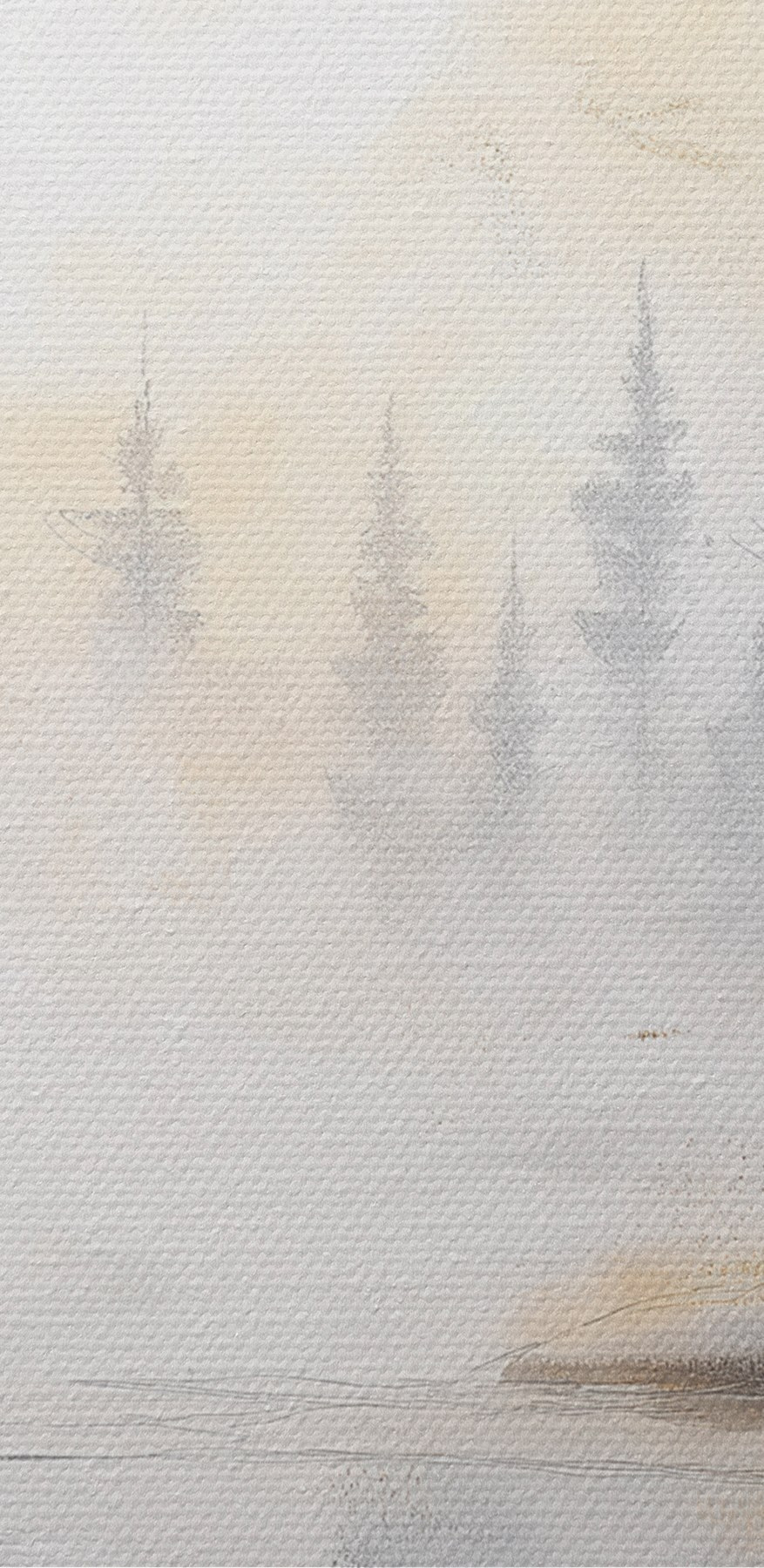 Aquarel van een rivier met bomen en mist