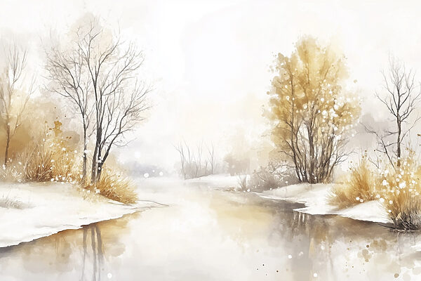 Aquarel van een rivier met bomen en gras en sneeuw Aquarel van een rivier met bomen en gras en sneeuw