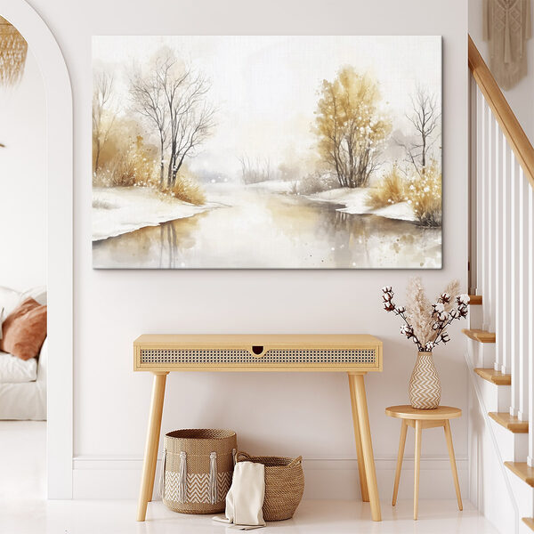 Aquarel van een rivier met bomen en gras en sneeuw Aquarel van een rivier met bomen en gras en sneeuw
