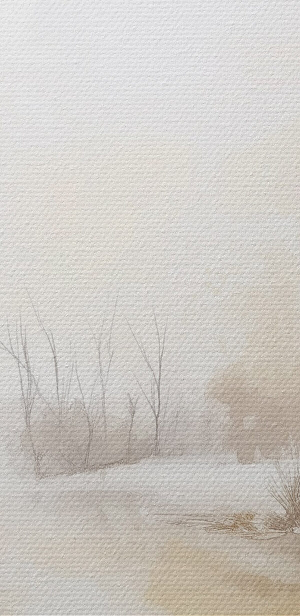 Aquarel van een rivier met bomen en gras en sneeuw Aquarel van een rivier met bomen en gras en sneeuw