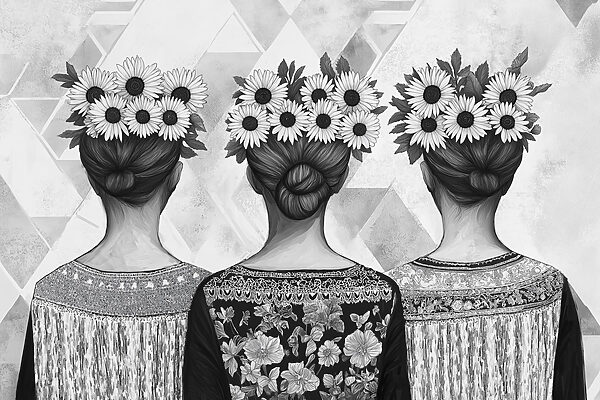 Groep vrouwen met bloemen in het haar Groep vrouwen met bloemen in het haar