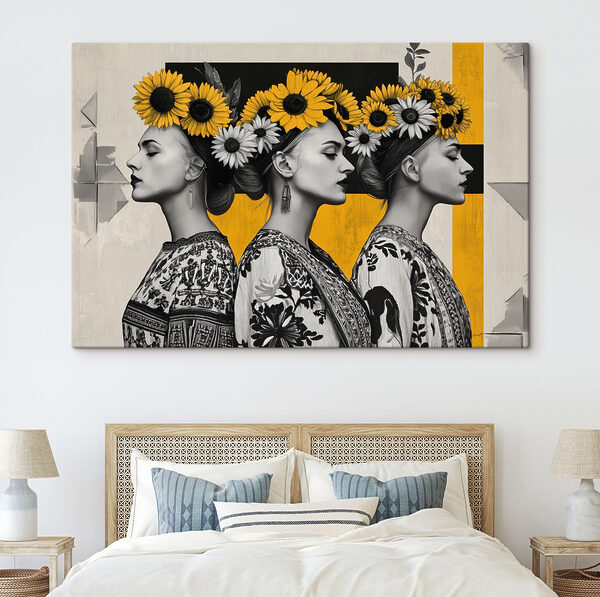 Groep vrouwen met zonnebloemen in het haar Groep vrouwen met zonnebloemen in het haar
