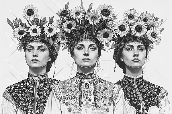 Groep vrouwen met bloemen op hun hoofd Groep vrouwen met bloemen op hun hoofd