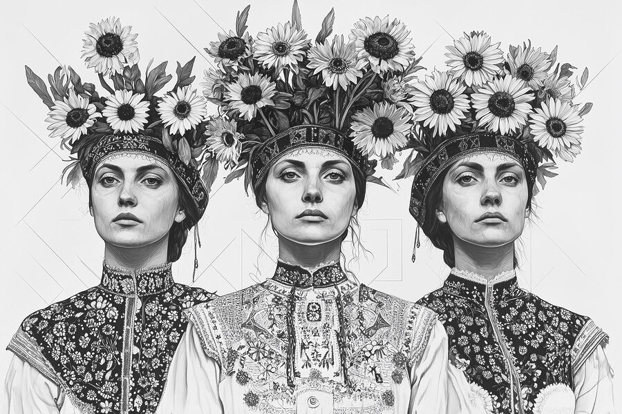 Groep vrouwen met bloemen op hun hoofd Groep vrouwen met bloemen op hun hoofd