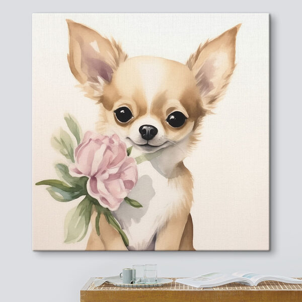 Schilderij van een hond met een bloem Schilderij van een hond met een bloem