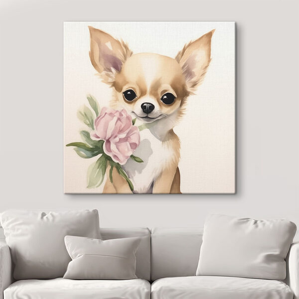 Schilderij van een hond met een bloem Schilderij van een hond met een bloem