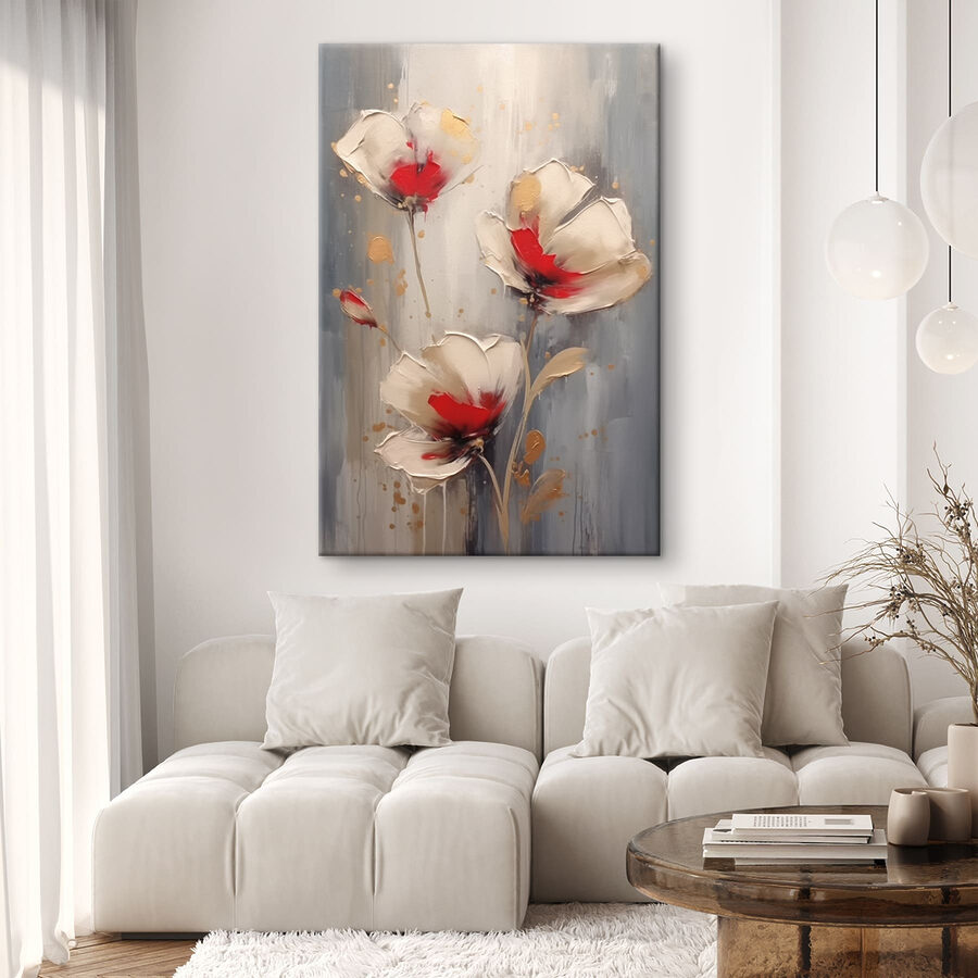 Schilderij van bloemen op een grijze achtergrond Schilderij van bloemen op een grijze achtergrond