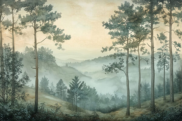 Schilderij van een bos met mist Schilderij van een bos met mist