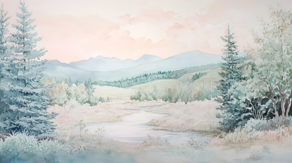 Aquarel van een rivier in een vallei Aquarel van een rivier in een vallei