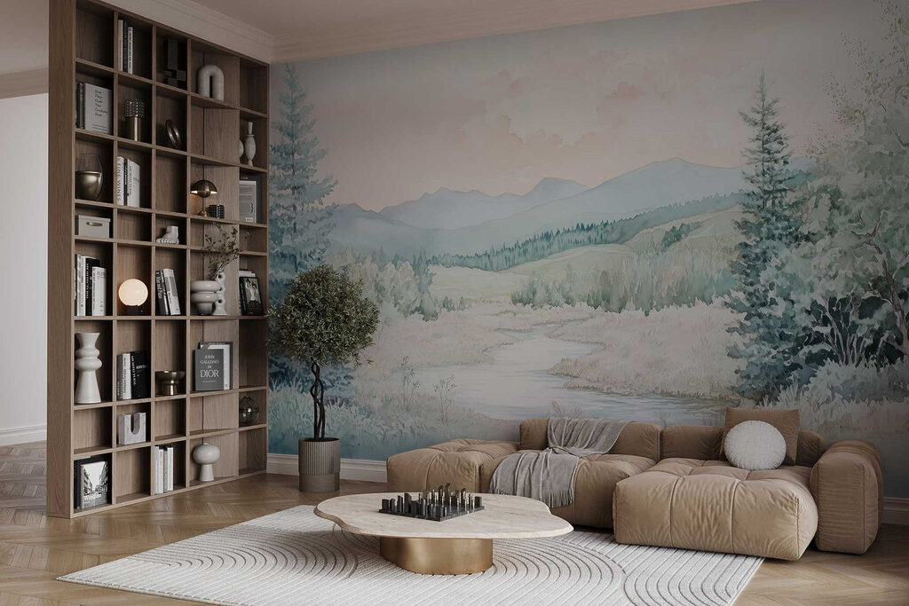 Watercolor painting of a river in a valley