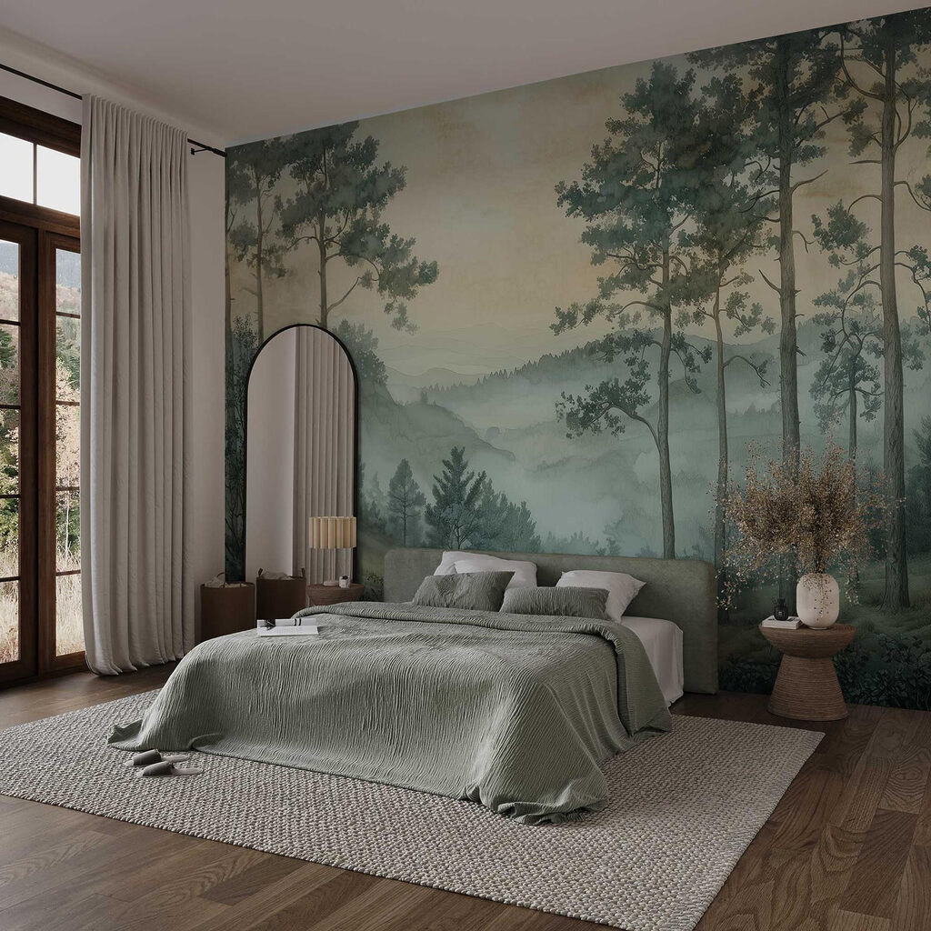 Painting of a forest with fog