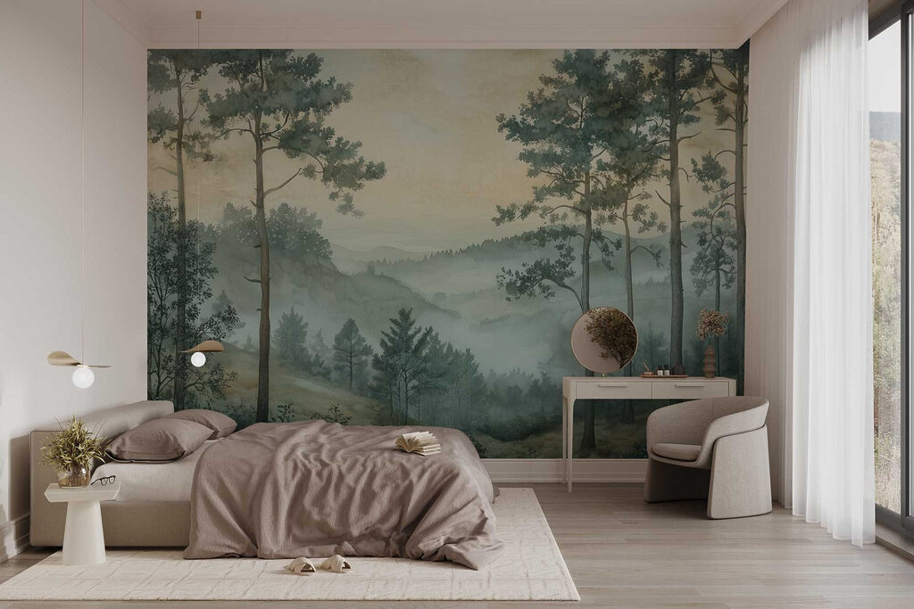 Painting of a forest with fog
