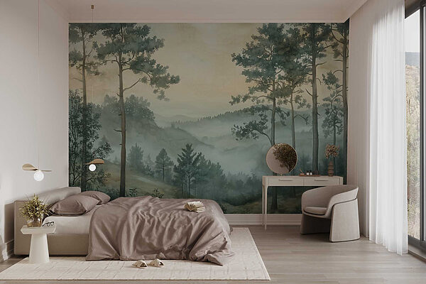Schilderij van een bos met mist Schilderij van een bos met mist