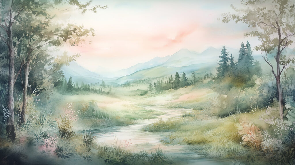 Aquarel van een rivier die door een vallei stroomt Aquarel van een rivier die door een vallei stroomt