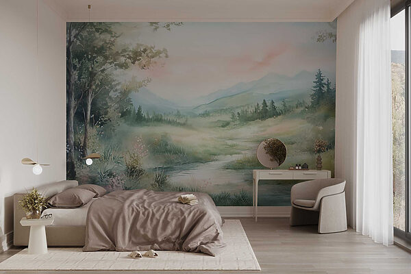 Fotobehang Fotobehang Aquarel van een rivier die door een vallei stroomt (Artikelnummer: w02764)
