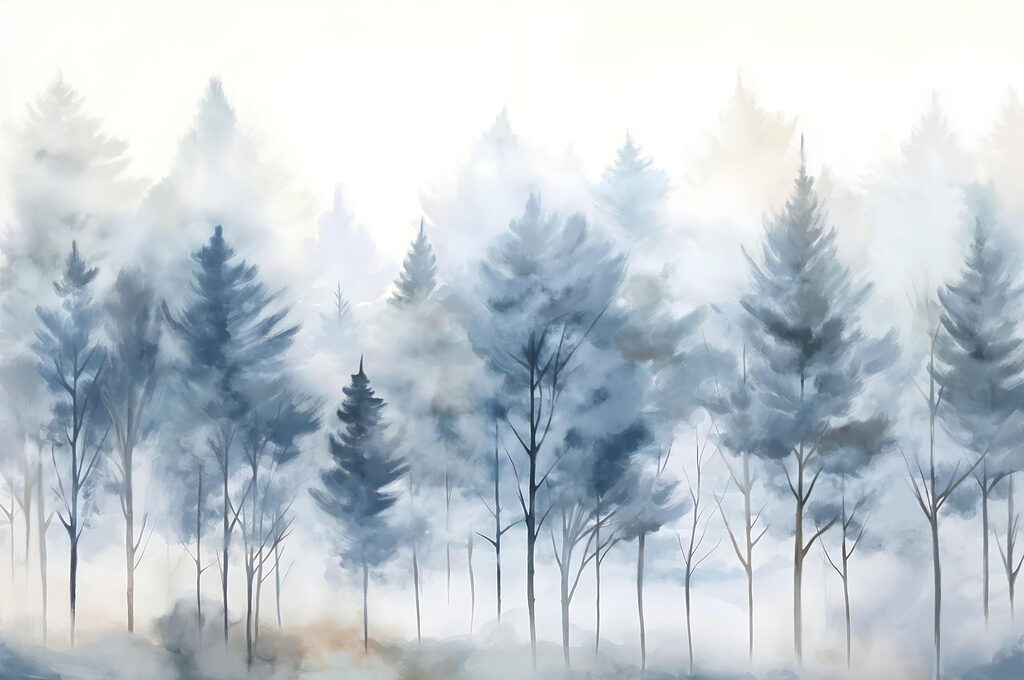 Groep bomen in mist Groep bomen in mist