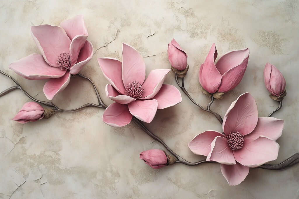 Groep roze bloemen op een wit vlak Groep roze bloemen op een wit vlak