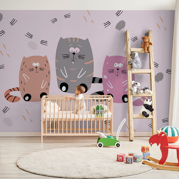 Groep katten zittend op een roze oppervlak Groep katten zittend op een roze oppervlak