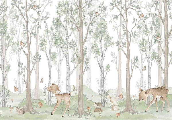 Behang met een bos van bomen en dieren Behang met een bos van bomen en dieren