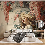 Fotobehang Vrouw in een boom met bloemen