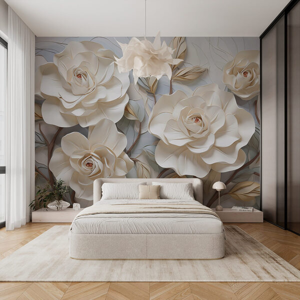 Fotobehang Fotobehang Witte bloemen en bladeren op een wit oppervlak (Artikelnummer: w02798)