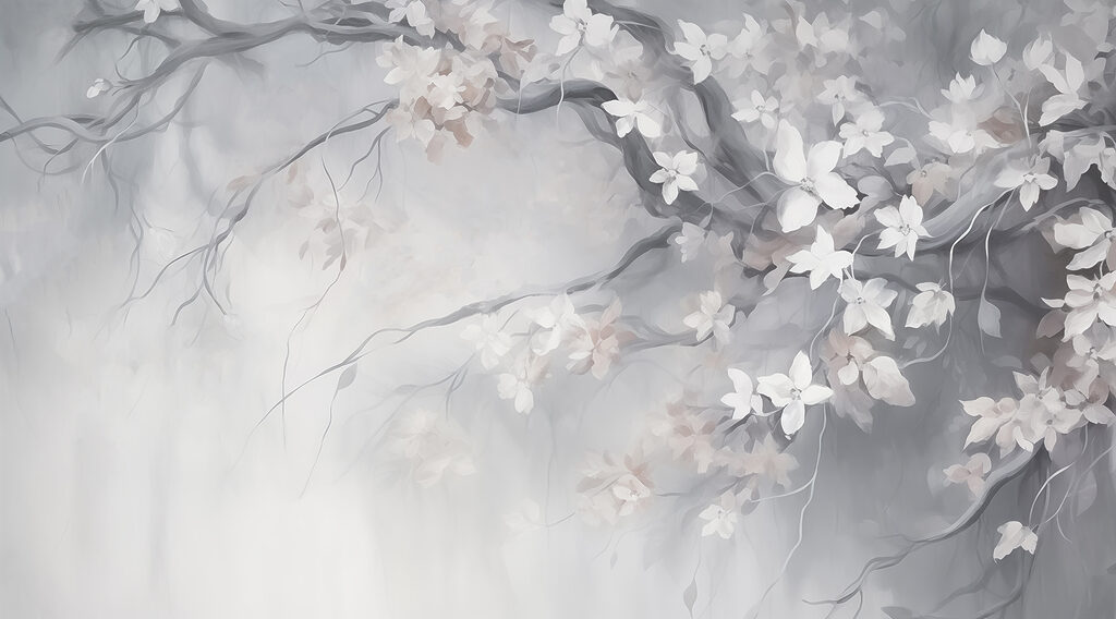Schilderij van een boom met witte bloemen Schilderij van een boom met witte bloemen