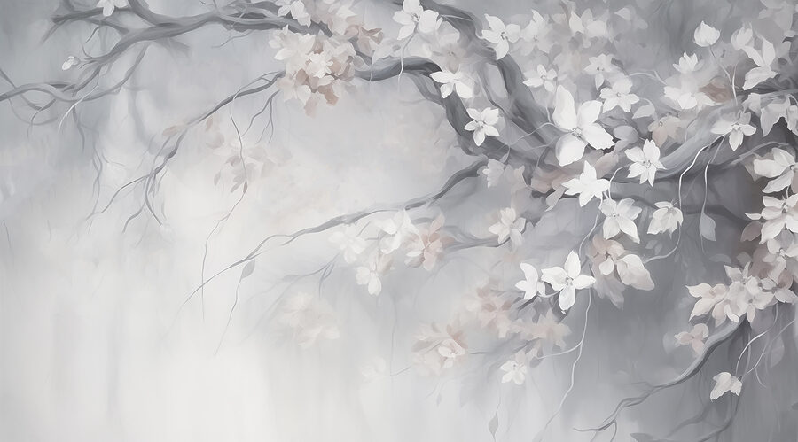 Schilderij van een boom met witte bloemen
