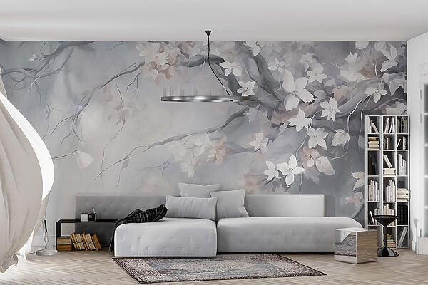 Schilderij van een boom met witte bloemen Schilderij van een boom met witte bloemen
