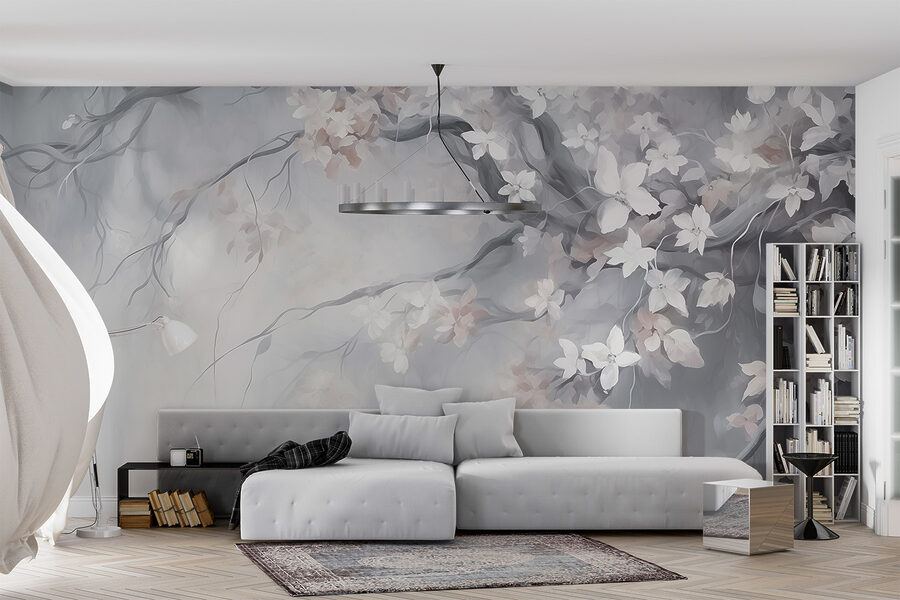 Schilderij van een boom met witte bloemen