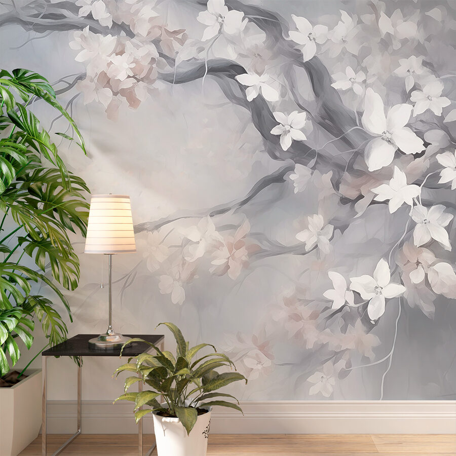 Schilderij van een boom met witte bloemen