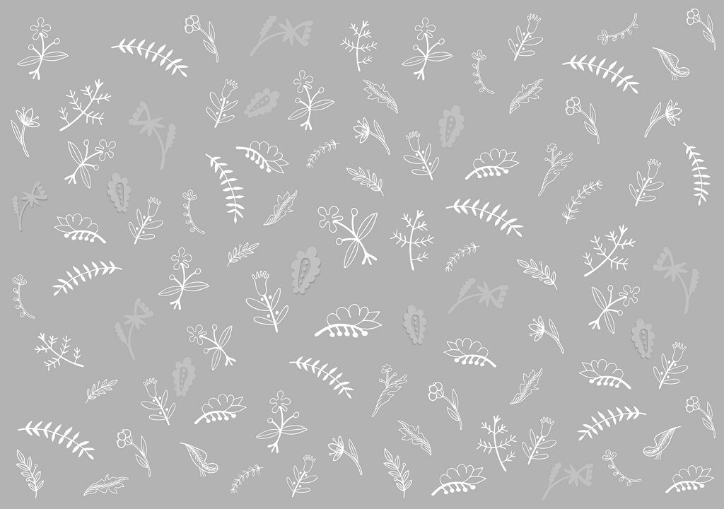 Grijze achtergrond met witte bloemen en bladeren Grijze achtergrond met witte bloemen en bladeren