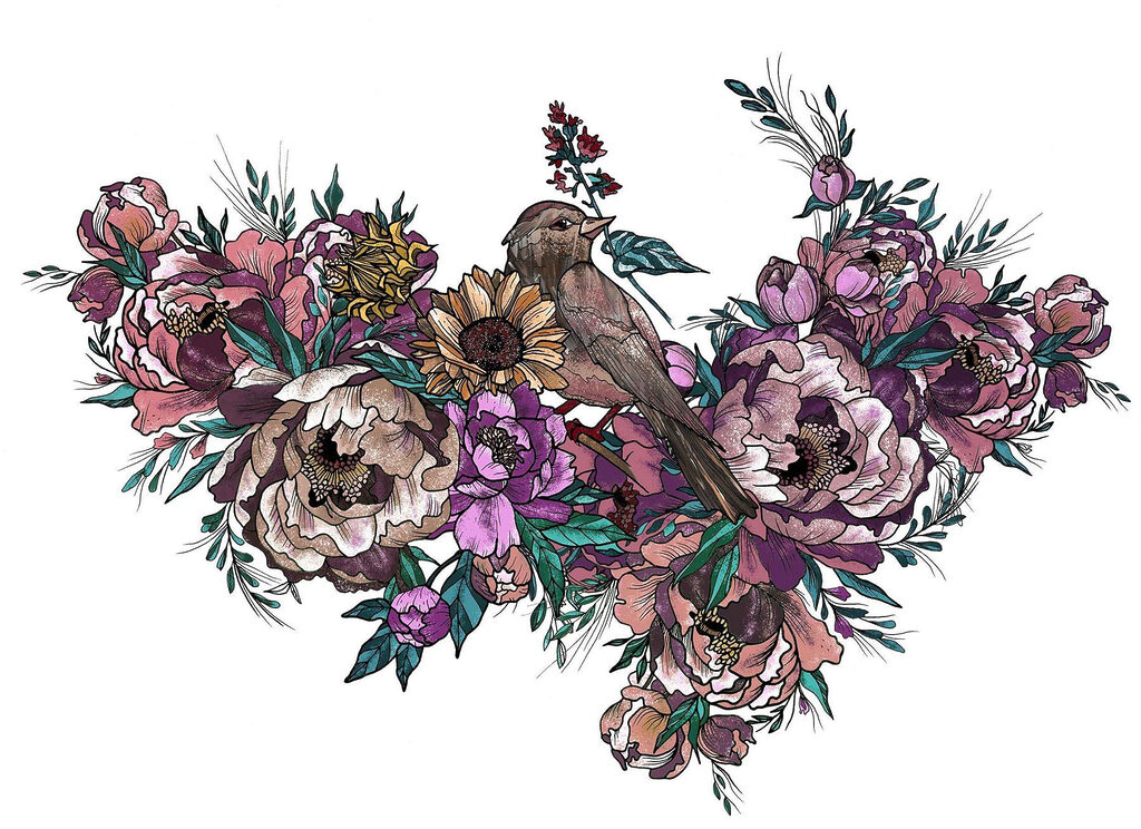 Vogel zittend op een boeket bloemen Vogel zittend op een boeket bloemen