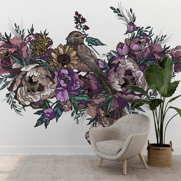 Vogel zittend op een boeket bloemen Vogel zittend op een boeket bloemen