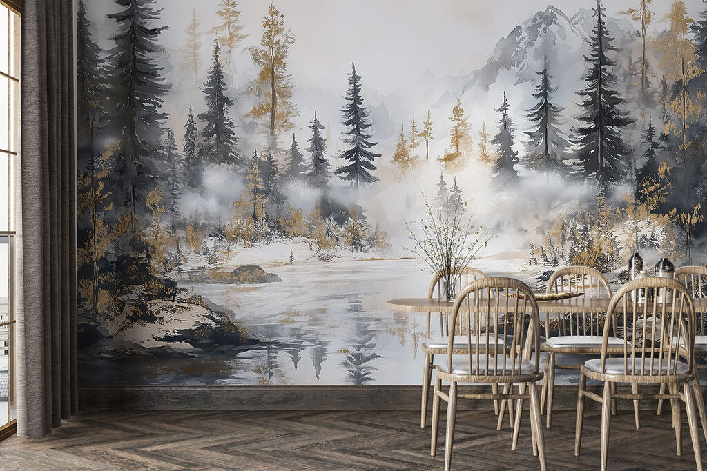 Watercolor painting of a forest and mountains