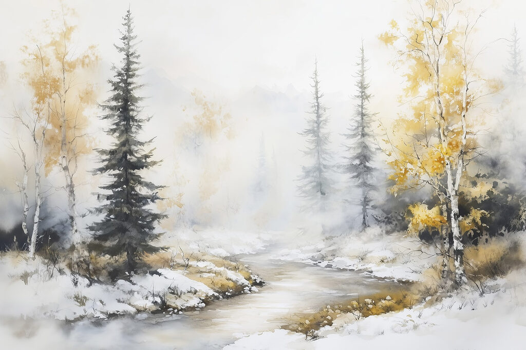 Aquarel van een rivier met bomen en sneeuw Aquarel van een rivier met bomen en sneeuw