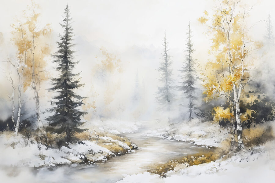 Aquarel van een rivier met bomen en sneeuw