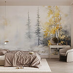 Fotobehang Aquarel van een rivier met bomen en sneeuw