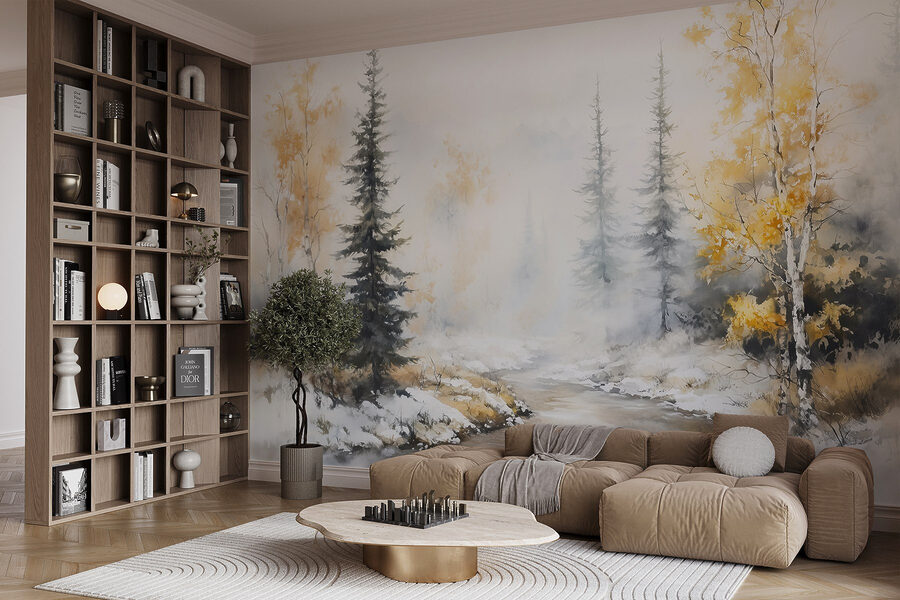 Aquarel van een rivier met bomen en sneeuw