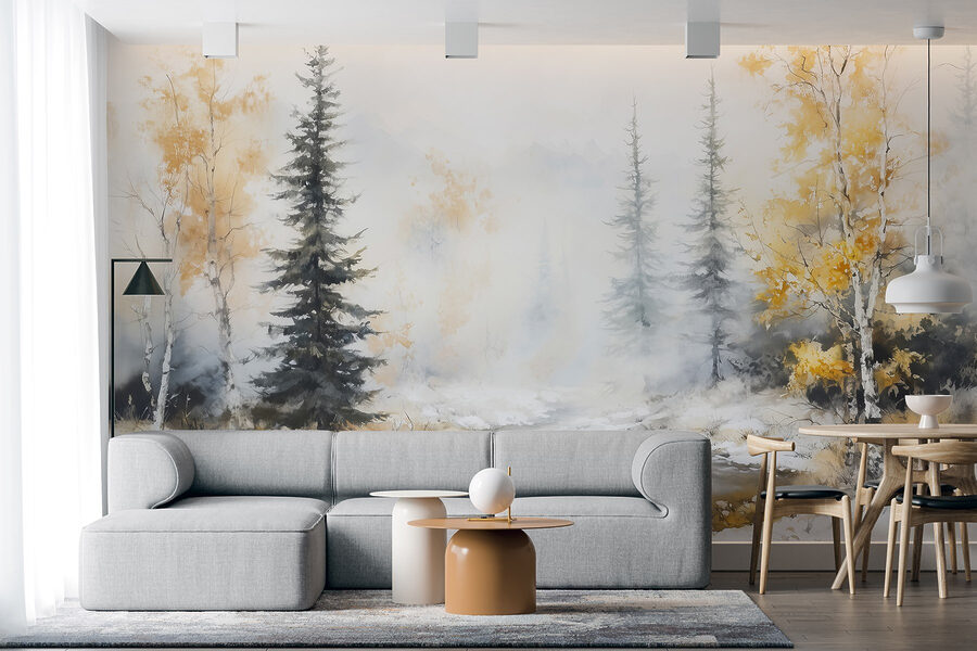 Aquarel van een rivier met bomen en sneeuw
