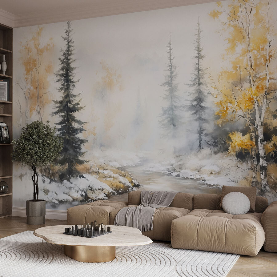 Aquarel van een rivier met bomen en sneeuw