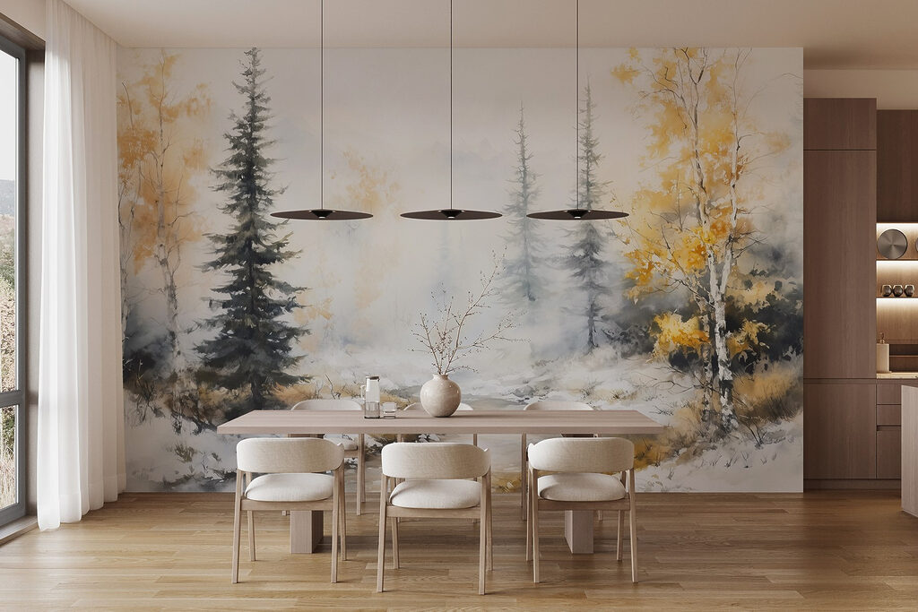 Watercolor painting of a river with trees and snow Watercolor painting of a river with trees and snow