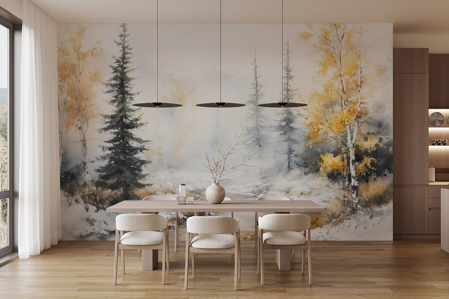 Aquarel van een rivier met bomen en sneeuw