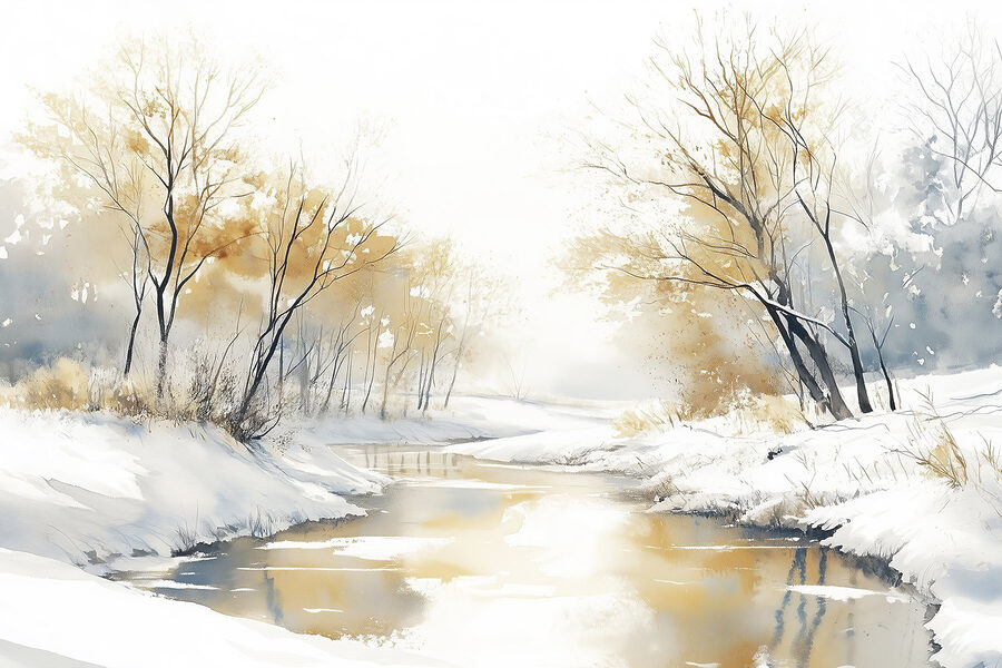 Rivier met sneeuw en bomen