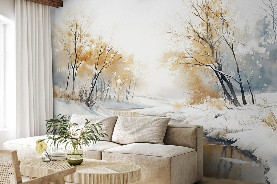 Rivier met sneeuw en bomen