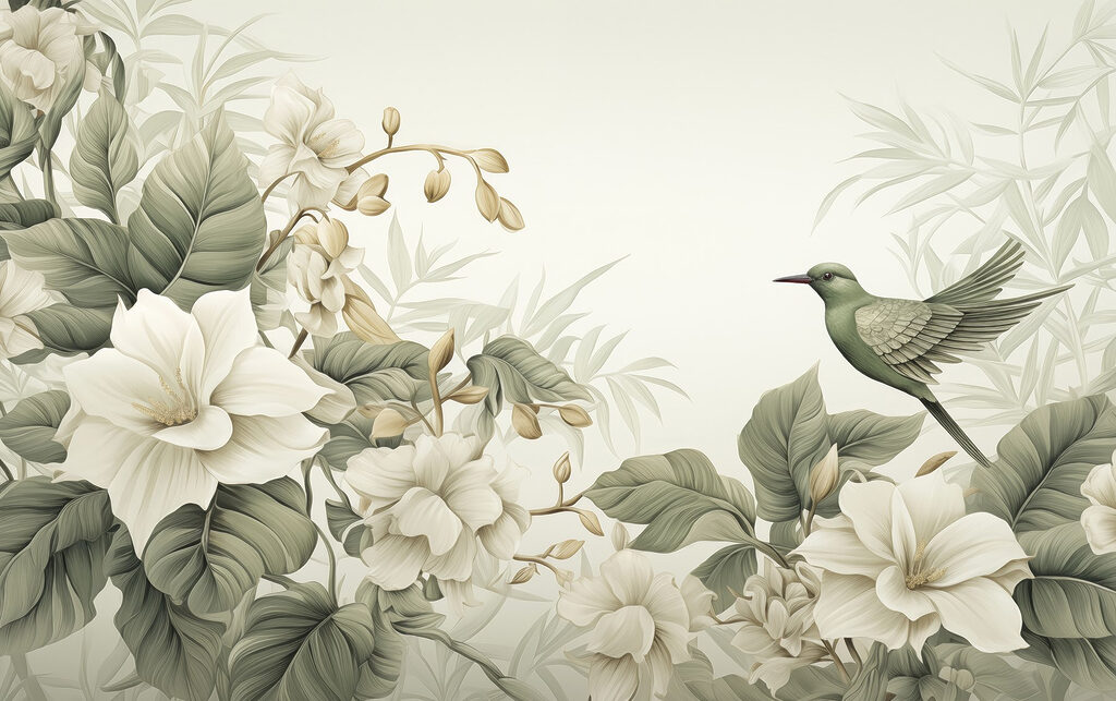 Vogel op een tak met bloemen Vogel op een tak met bloemen