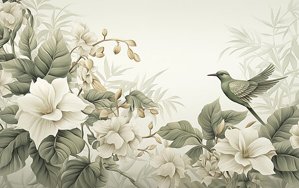 Vogel op een tak met bloemen Vogel op een tak met bloemen